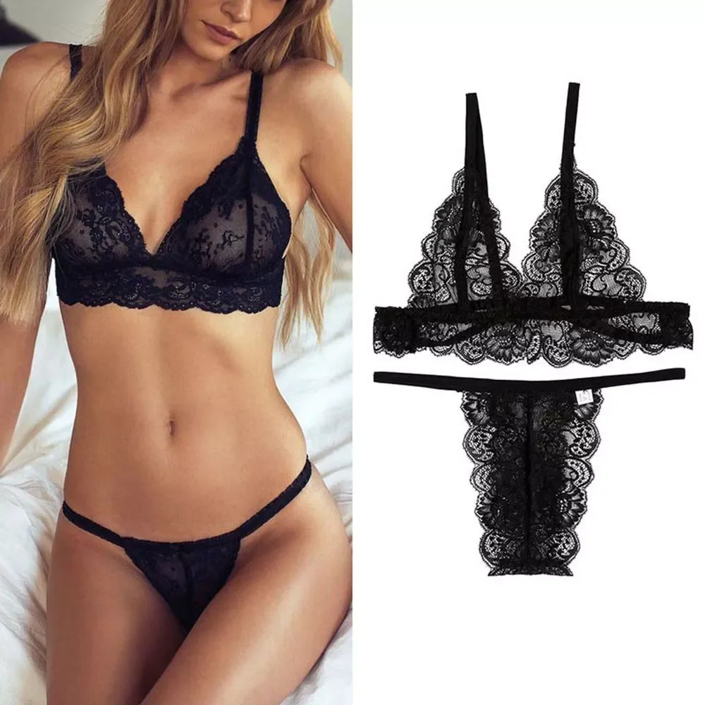 Underwear Sexy Lingerie Lace Bralette Bra And Panty Set Femme Crop Top G-string Transparent Brassiere Party See Through