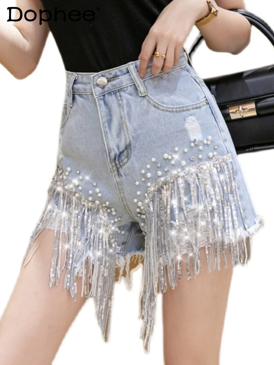 

Machine Embroidery Sequin Bead Tassel Denim Shorts for Women Trendy Cool Hiphop Jeans Shorts Hot Pants 2022 Summer New Bottoms