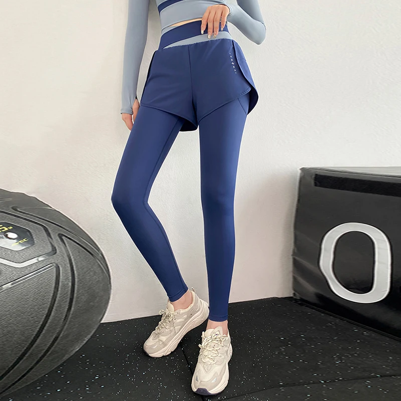 F.DYRAA Women's Gym Leggings Elastic High Waist Fake Two Pieces Yoga Pants With Zipper Pockets Sportswear Woman Gym Yoga Wear