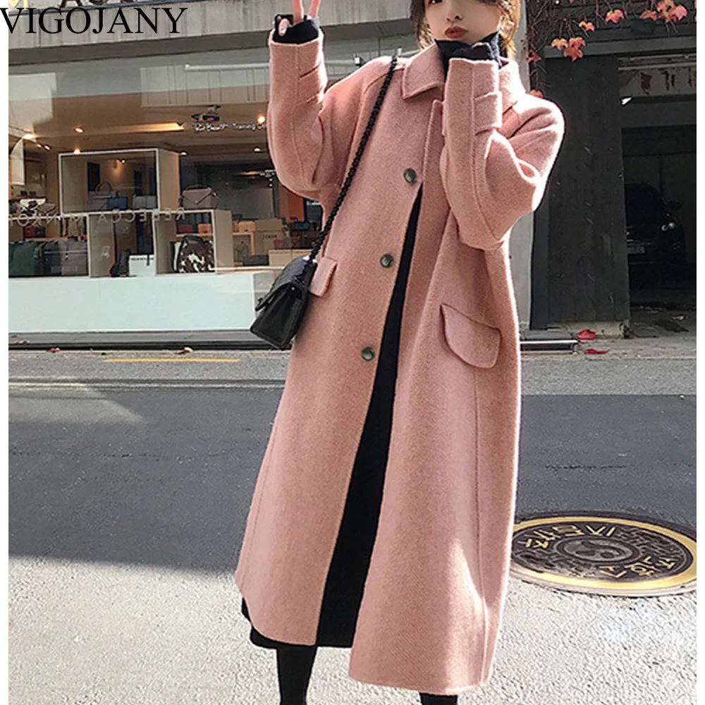 

Vigojany Women Autumn Winter Pink Overcoat 2022 Turndown Collar Thick Long Sleeved Female Jacket Trend Solid Looes Woolen Coat