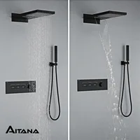Black Modern Bathroom Brass shower button constant temperature three functions into the wall simple design rain waterfall shower