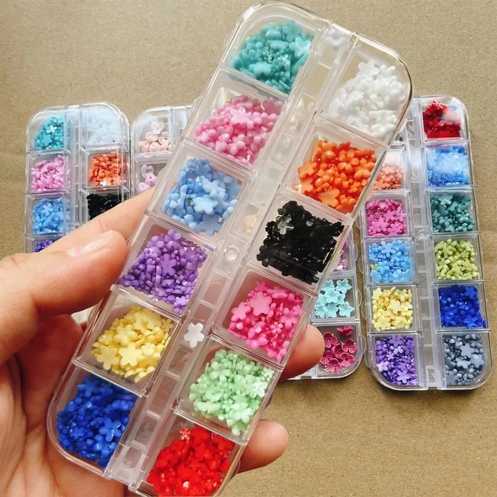 

3/6mm 5-Petals Flowers Nail Charm Glitter Aurora Acrylic Shell Flower Nail Rhinestones with Gold Silver Beads for Manicure DIY #