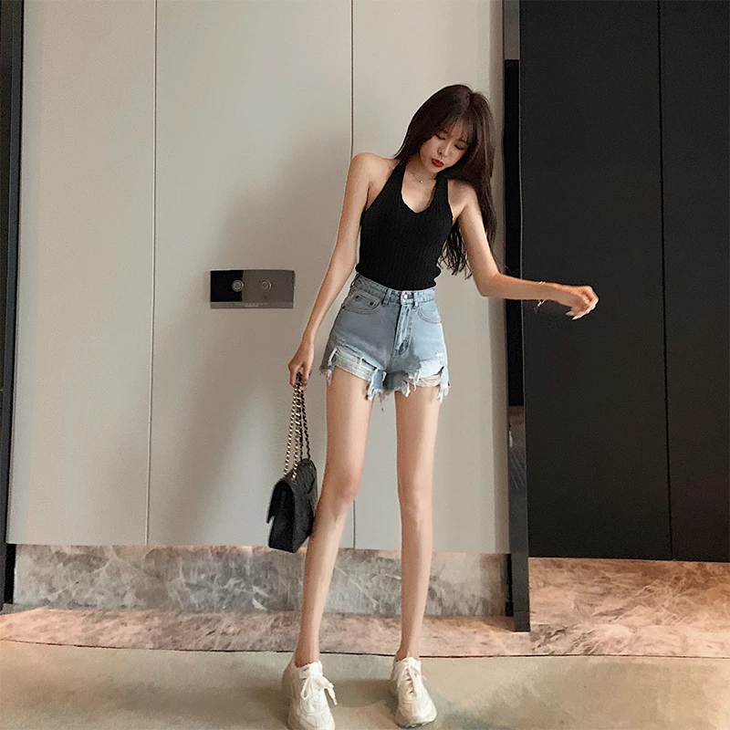 Women Summer Denim Shorts Jeans Raw Edge Hole Hollow Y2k Fashion Women's Pants High Waist Clothes Korean Style Knickers Clothing