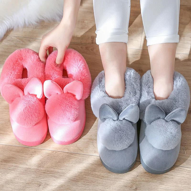 House Slippers for Women Winter Warm Plus Rabbit TPR Down Soft Indoor Slippers for Girls Solid Sewing Short Plush Casual Shoes