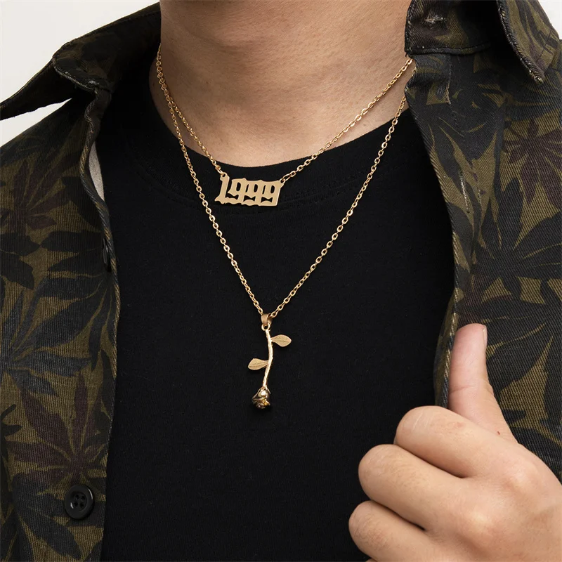 

Trend Fashion 1999 Exquisite Personality Rose Pendant Necklace Hip Hop Men Double layer Metal Pendant Gift Jewelry Dropshipping