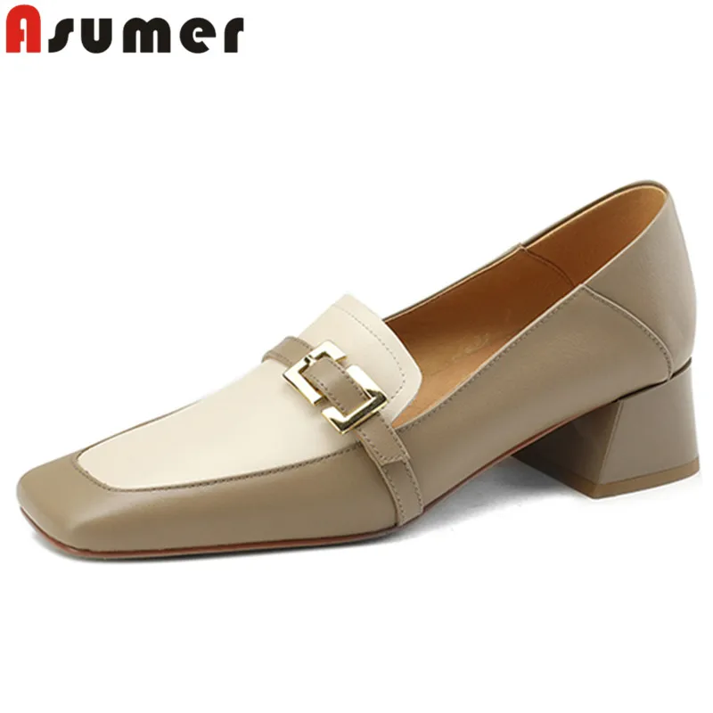 ASUMER 2023 New Size 33-41 Slip On Office Ladies Pumps Shallow Genuine Leather Shoes Woman Mixed Colors Square Med Heels Shoes