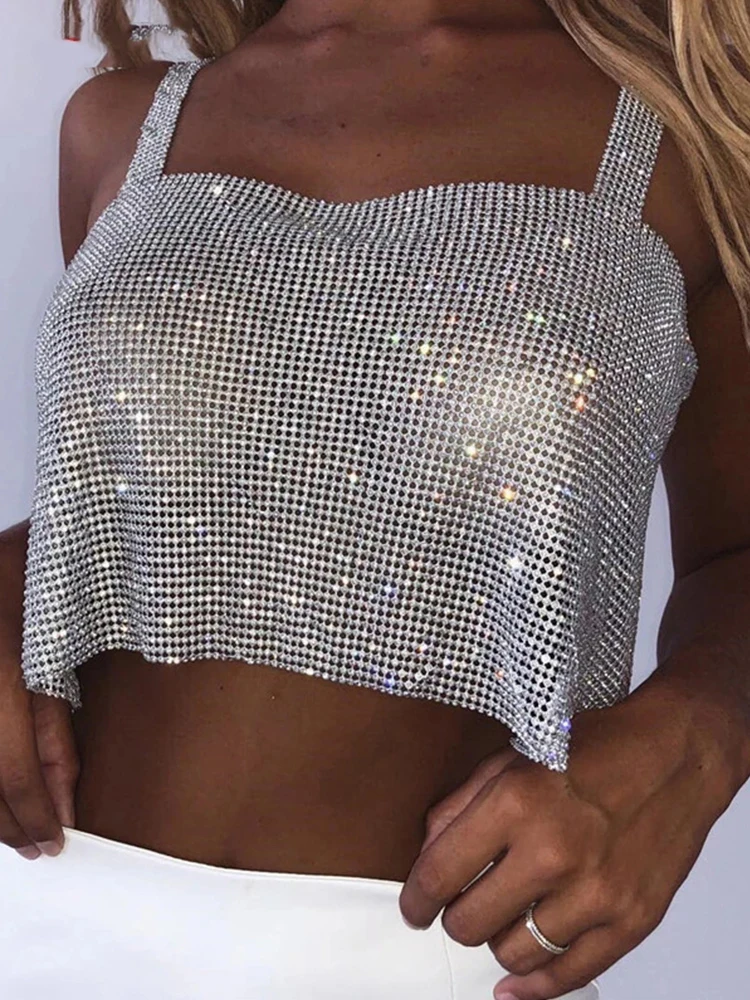 

Bling Rhinestones Party Crop Top 2022 Fashion Solid Backless Straps Full Diamonds Sequins Cami Cropped Top for Women