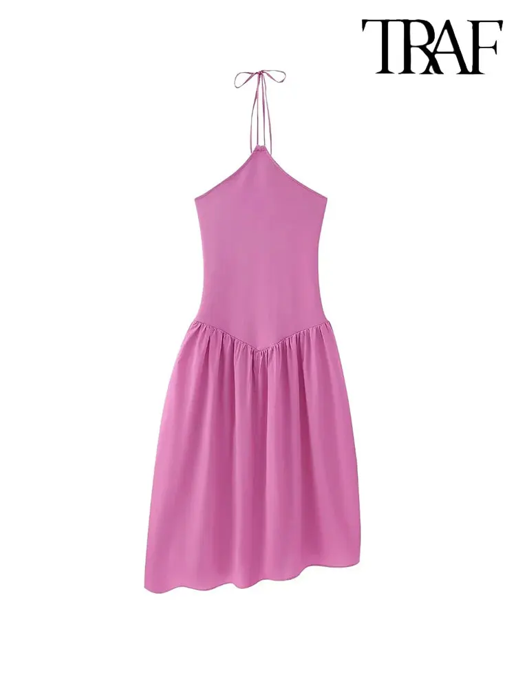 

TRAF2023 Summer Halter Pink Dress Women Off Shoulder Long Dresses For Woman Pleated Backless Dresses Sexy Summer Evening Dress