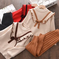spring autumn winter fashion girls bow knitted thick clothes sets kids warm long sleeve sweater pants 2pcs set baby girl outfit