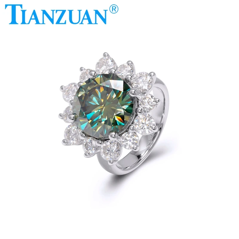 New Trendy Fresh Lovely Sunflower 12mm Yellow Green Moissanite Rings for Women Party Gifts Fine Jewelry Cute Accessories