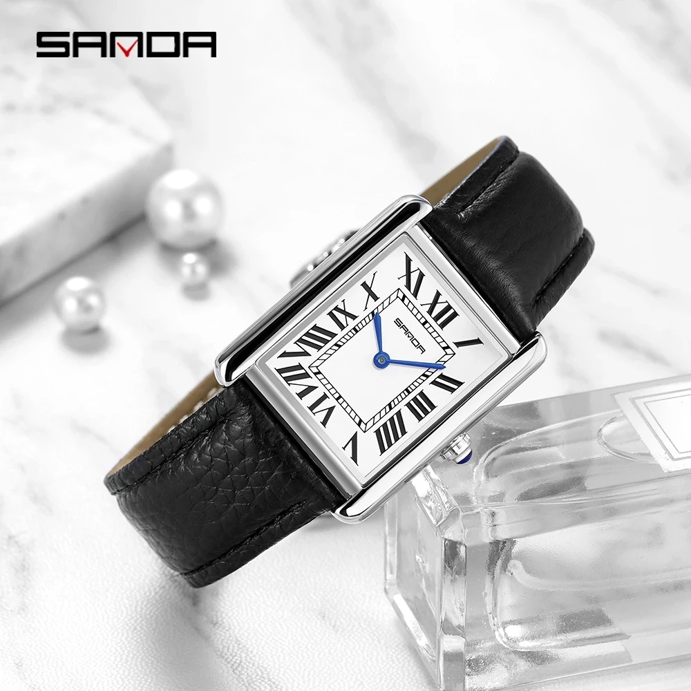 Sanda Rectangular Wrist Watches for Women Silver Case Ladies Watches Luxury Brand Leather Band Quartz Clock zegarek damski 1108