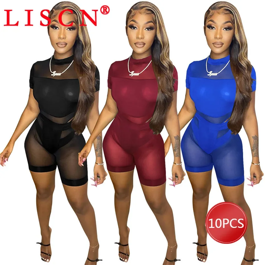 Летние спортивные костюмы из двух предметов прозрачные сетчатые комплекты с