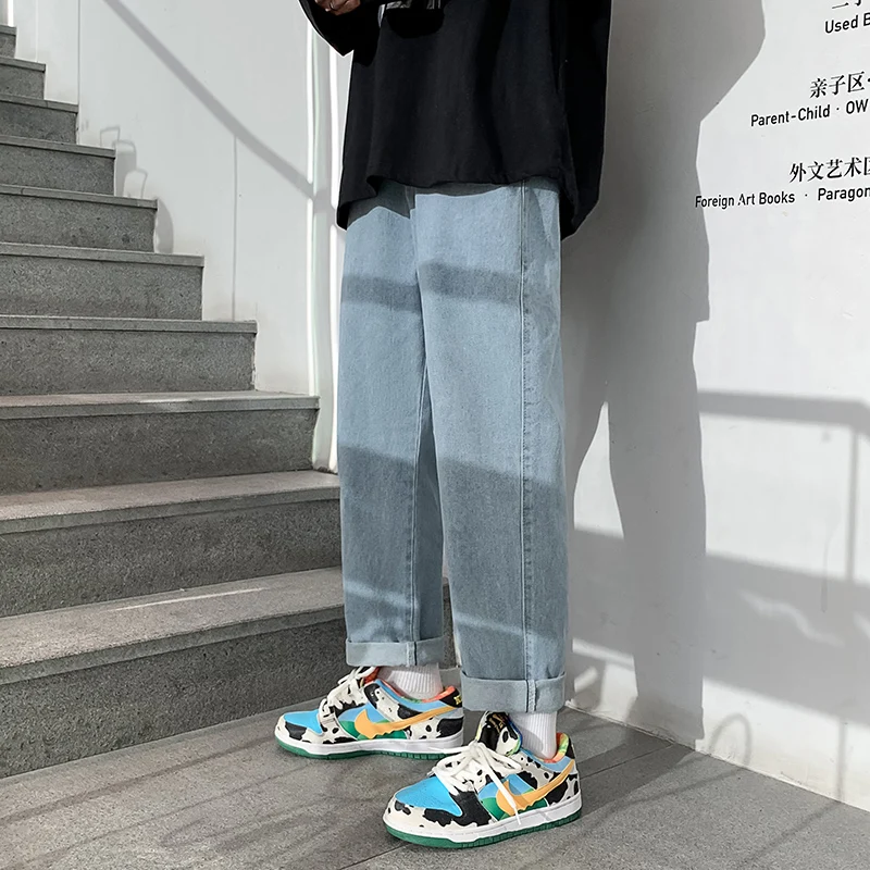 2022 Spring New Harajuku Street Loose Jeans Men's Korean Version Fashion Straight Wide-leg Pants Men's Casual Nine-point Pants