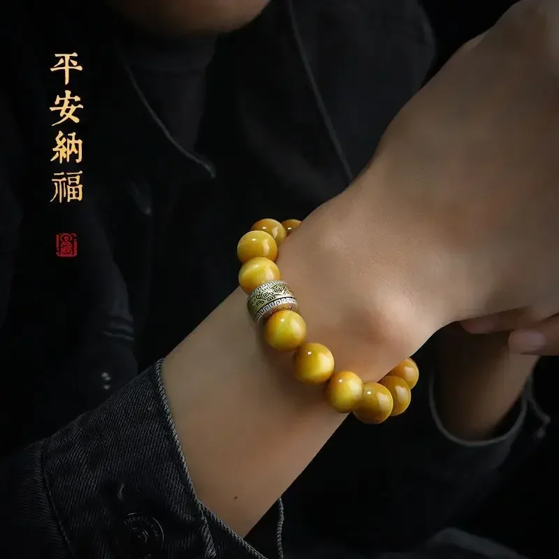 Сокровище золотой браслет с камнем тигрового глаза мужские бусины со знаком