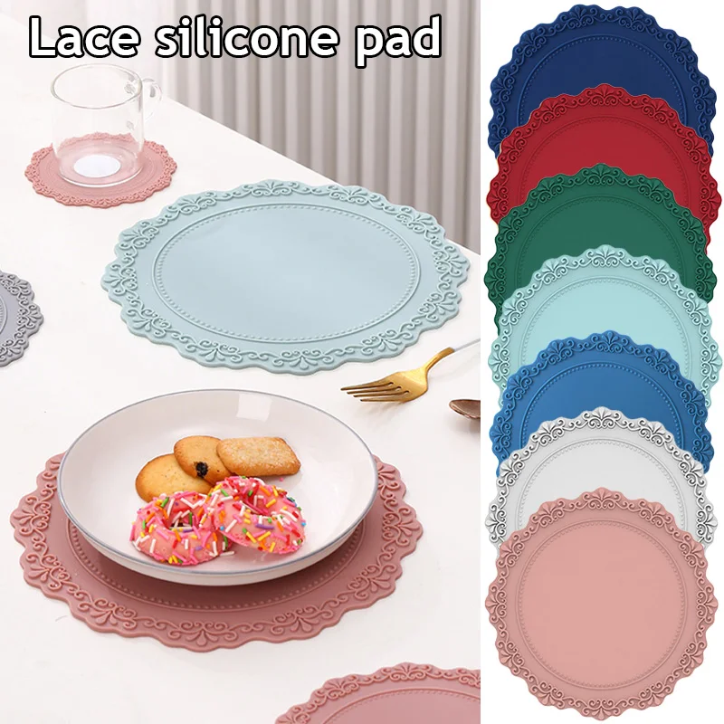 1Pcs Silicone Placemat Round Lace Table Place Mat Home Washable Coaster Anti-Slip Coffee Tea Mats Pad Kitchen Accessories