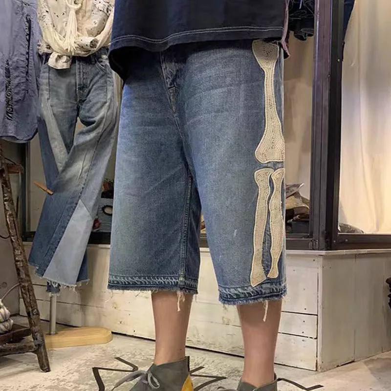 

Japan KAPITAL Hirata and Hiroshi Loose Casual Denim Shorts Embroidered Bone Wash Water Distressed Raw Hem Pants for Men