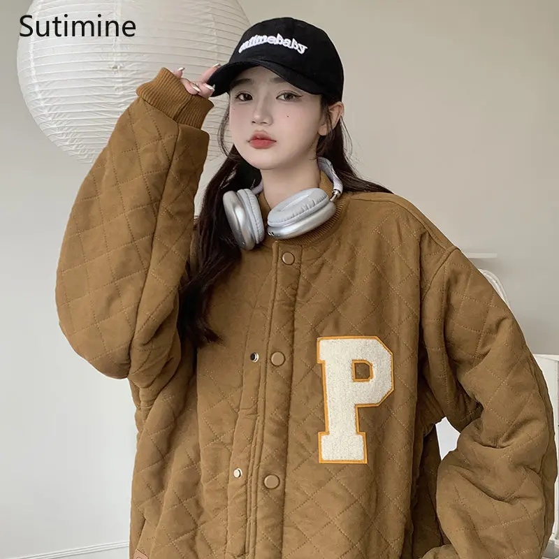 Winter Clothes Women Office Lady Single Breasted Lamb Wool Plush Thickened Women Cotton Jacket Baseball Jacket Pockets Coat