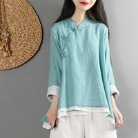 women spring summer retro buckle shirt top chinese national style embroidery cotton linen t shirt loose pure color new 2022 tops