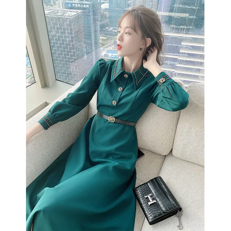 

Lady Long Dresses Fashion 2022 New Style Spring Autumn Women Casual Long Sleeve Belt Square Collar Fashion Female Dress R63