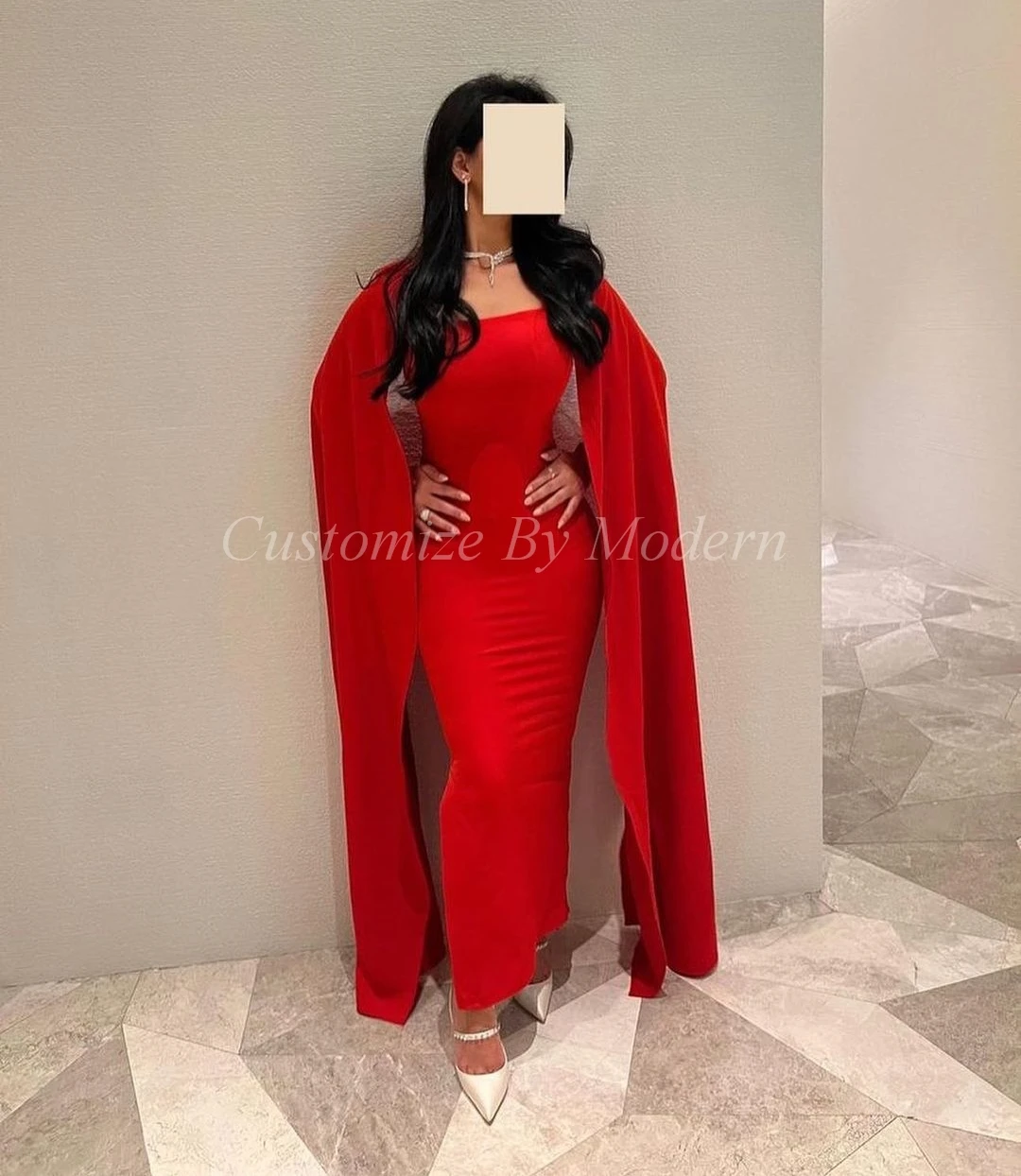 

Mermaid Red Satin Long Prom Dresses Square Neck Ankle Length Saudi Arabic Women Prom Gowns Formal Party Dress