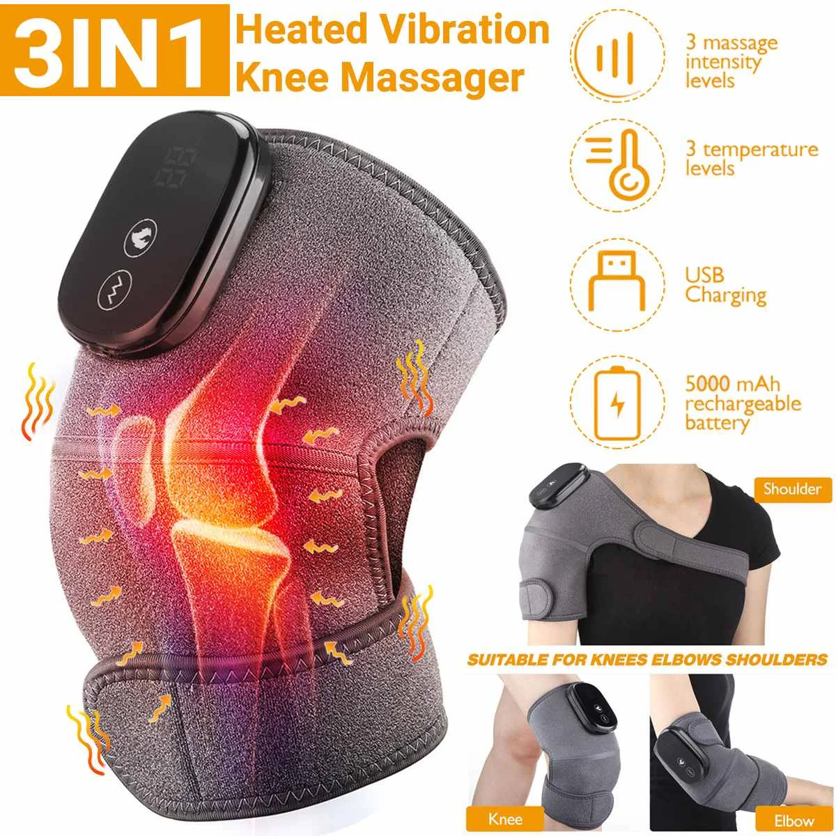 

3 IN 1 Heated Knee Massager Vibration Knee Brace Wrap Heating Pads Elbow Shoulder Relax