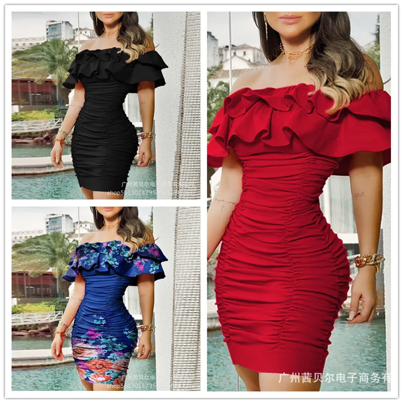 

Mandylandy Women's Elegant Ruffle Dress Ladies Sexy Fashion Off Shoulder High Waist Corset Ruched Mini Pencil Bodycon Dress