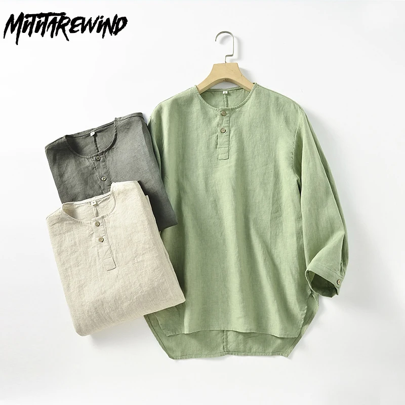 

Рубашка мужская с круглым вырезом и рукавом 95%, из льна