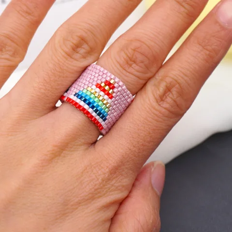 Go2BoHo широкое кольцо на палец Miyuki модное ювелирное изделие стеклянный бисер ручной работы тканые цветные полосатые треугольники кольца для женщин подарок