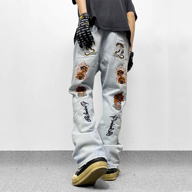 

New Jeans Men Women Streetwear Hip Hop Vintage Harajuku Embroidery Denim Trousers Casual Wash Loose Straight Wide Leg Pants Ins
