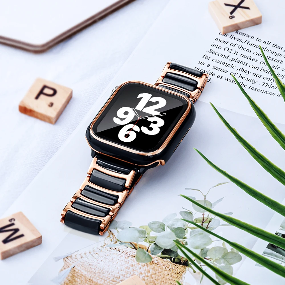 

case+Ceramic band for Apple Watch strap iWatch series 7 6 SE 5 4 3 2 1 wrist modern design buckle quality 45 41 44 40 42 38 mm