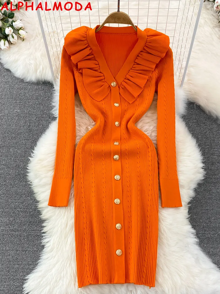 

Женское трикотажное платье ALPHALMODA, с оборками, V-образным вырезом и длинными рукавами, однотонное, приталенное, на осень 2022