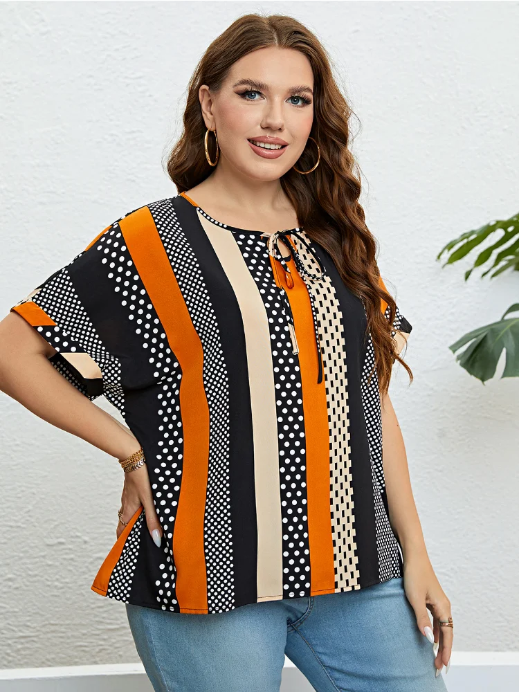 Summer patchwork crewneck loose women's top plus size women clothing women tops and bloues
