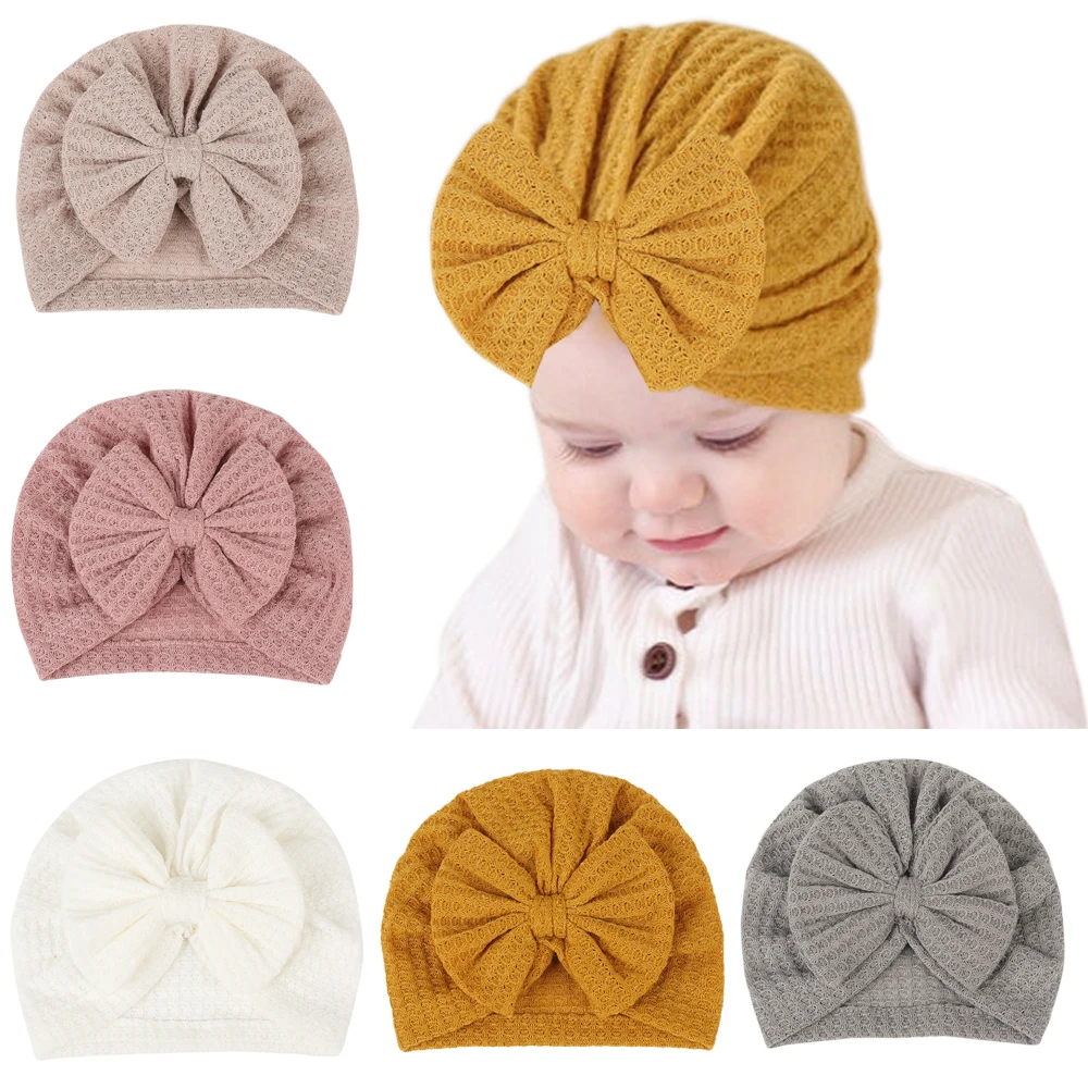 

Kids Waffle Bow Knot Turban Hat Children Checkered Skullies Cap Boy Bonnet Baby Girl Hat Soft Turban Children Toddler Beanie Cap