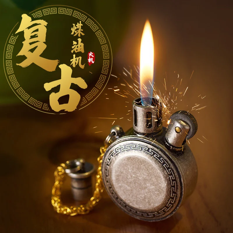 

Retro Personality Kerosene Lighter Creative Metal Grinding Wheel Open Flame Cigarette Lighter Portable Mini Pendant Gift