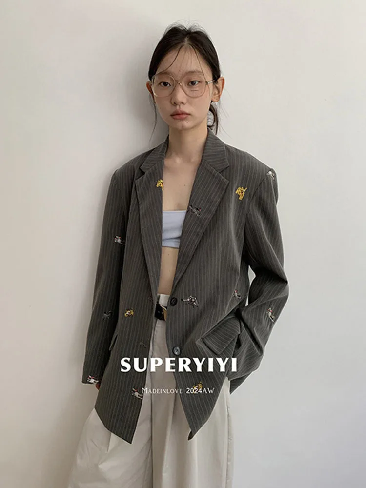 Женское однобортное пальто BZVW осеннее в полоску с длинными рукавами и вышивкой