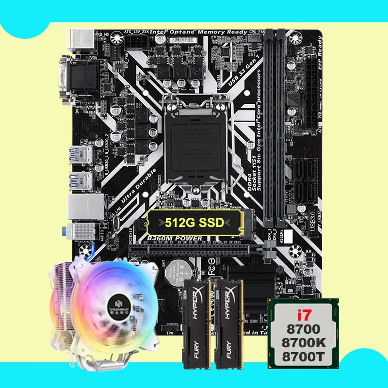 Материнская плата B360 LGA1151 с 512G M.2 NVMe SSD процессор Core i7 8700 8700K 4 трубки кулер ЦП бренд RAM 2*8G 16G DDR4 память