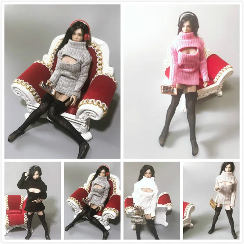 

1/12 Scale Sexy Female Clothes Accessory Turtleneck Open Chest Long Sweater Dress Model for 6 inches Action Figure Body
