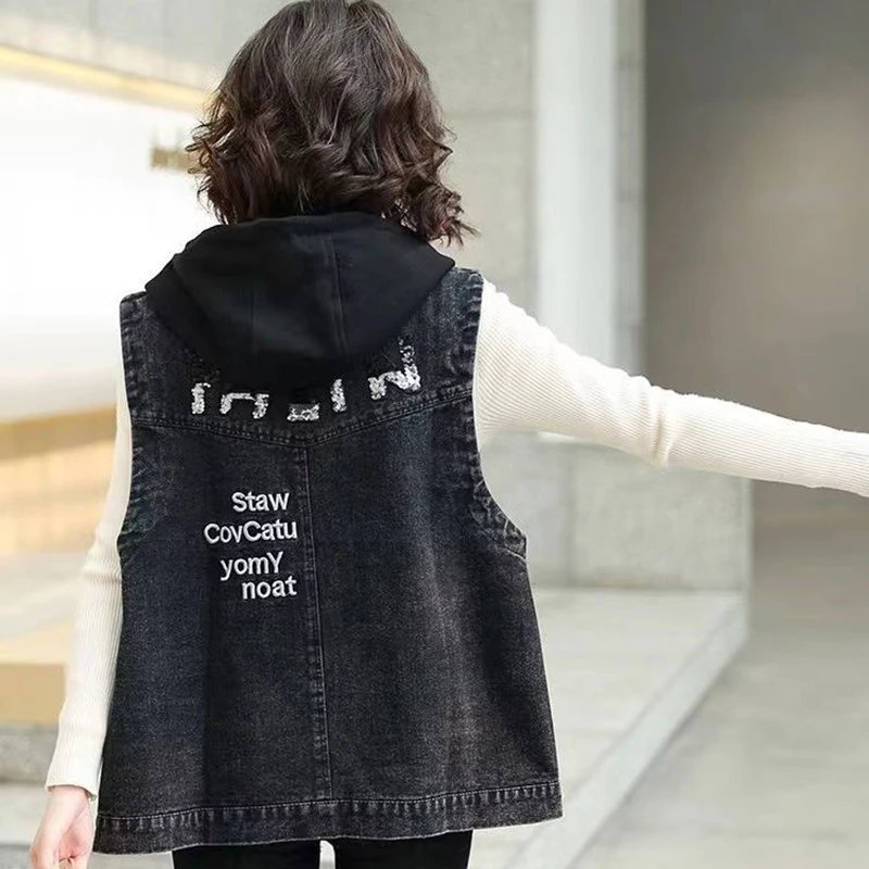 

Женский короткий джинсовый жилет с капюшоном, однотонная ковбойская куртка без рукавов, повседневная безрукавка из джинсовой ткани, весна 2022