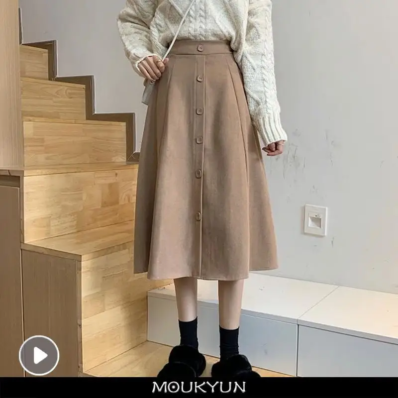 

MOUKYUN Elegant Midi Skirt Women A Line High Waist Brown Long Faldas Korean Spring Autumn Winter Female Corduroy Skirts
