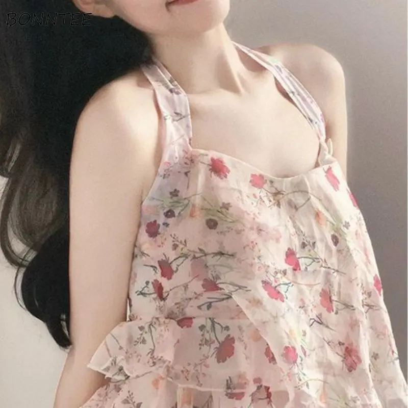 

Halter Print Blouses Women Cropped Hotsweet Temper High Street Backless Personal Harajuku Korean Fashion Girlish Summer Clothes