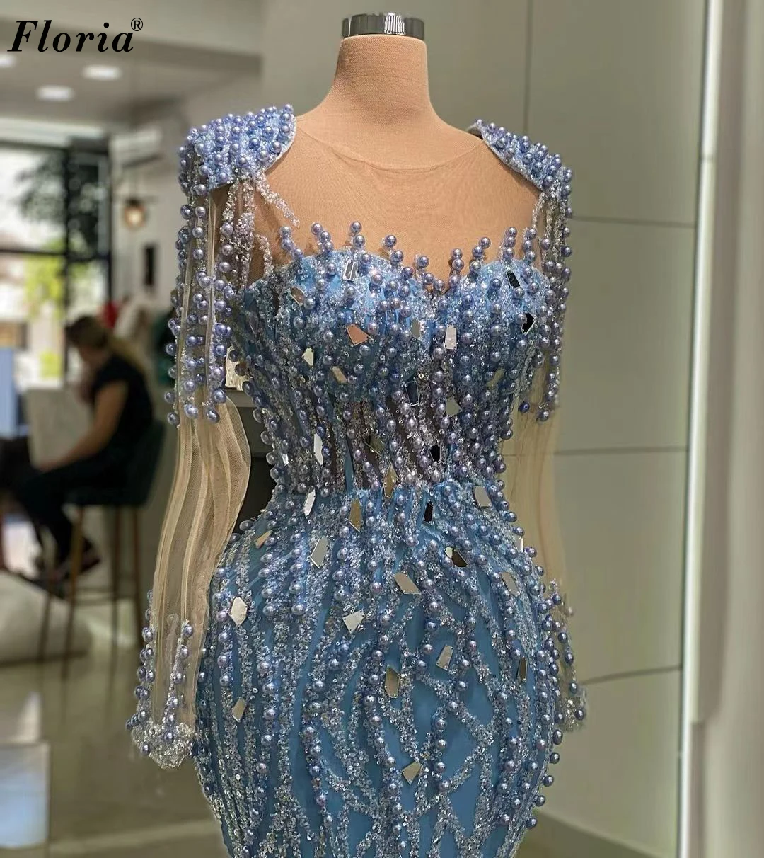 

Blue Pearls Prom Dresses Long Sleeves Mermaid Evening Gowns For Women Coutures Gowns Vestidos De Noche Celebrity Dresses 2023