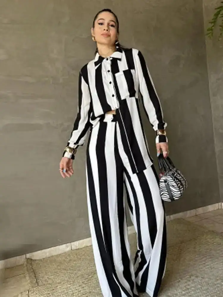 

Женские повседневные брюки в полоску с длинным рукавом и отложным воротником, комплект из двух предметов, осенняя черная и белая контрастная женская рубашка, комплекты одежды