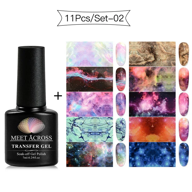 MEET ACROSS 7ml Nail Art Transfer Foil Gel Nail Polish Set Starry Sky Paper Adhesive Gel Lacquer Tools For Manicure Decoration