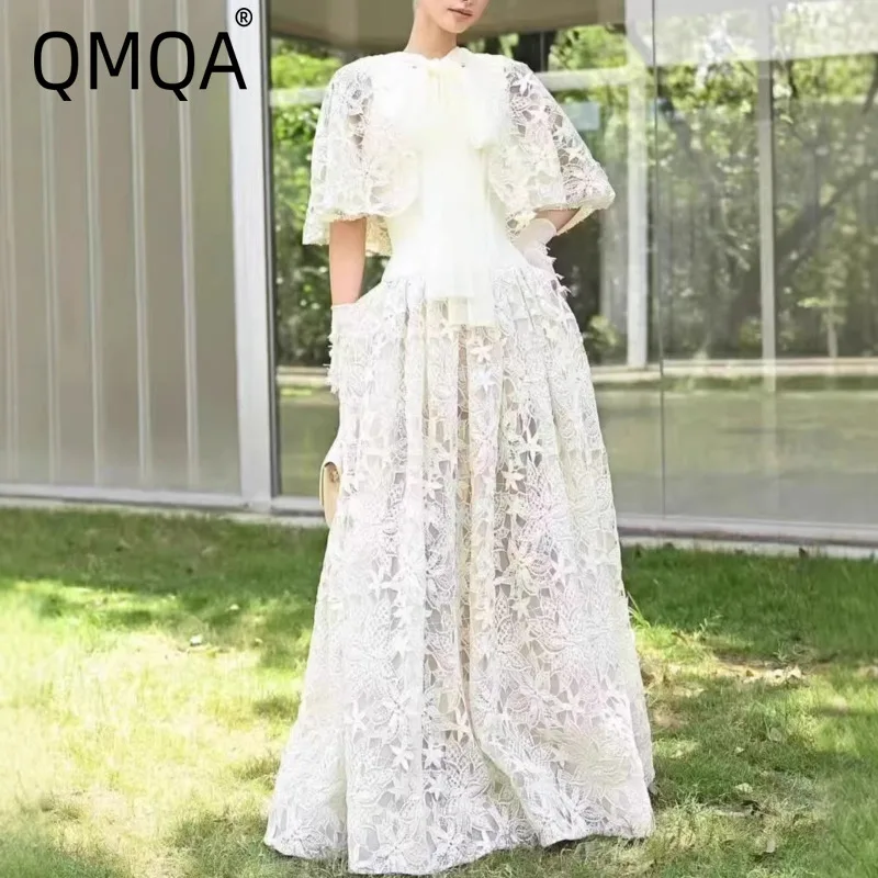 Фото Модное женское элегантное платье QMQA с кружевной вышивкой, бантом и короткими рукавами-колокол, с завышенной талией, вечернее, 2026, QM1146 №1
