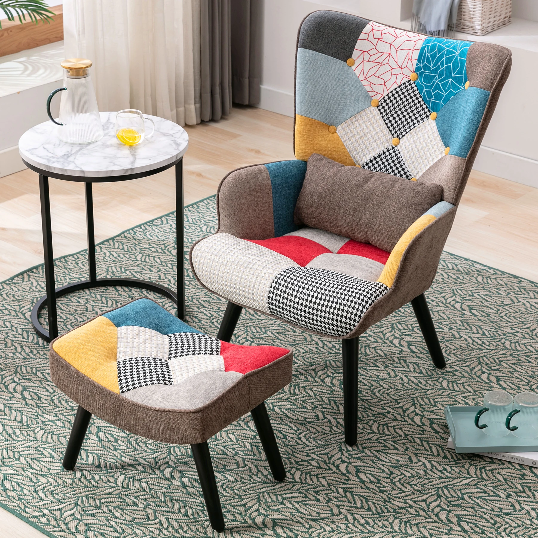 

Patchwork Chair with Ottoman Armchairs Linen Fabric Colorful Accent Chair with Footrest For Living Room Reading Bedroom Armchair