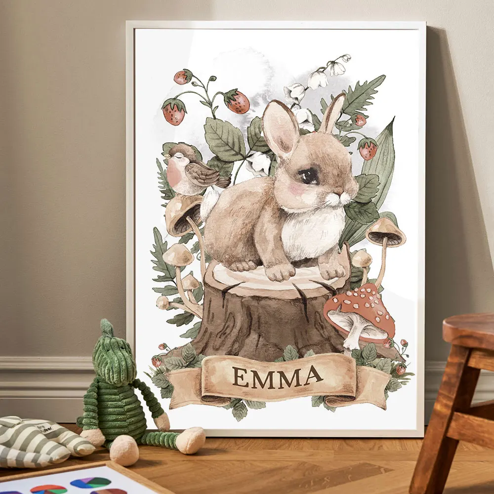 

Baby Name Personalized Poster Print Custom Nursery Wall Art Canvas Painting Rabbit Squirrel Picture Nordic Kids Baby Room Decor