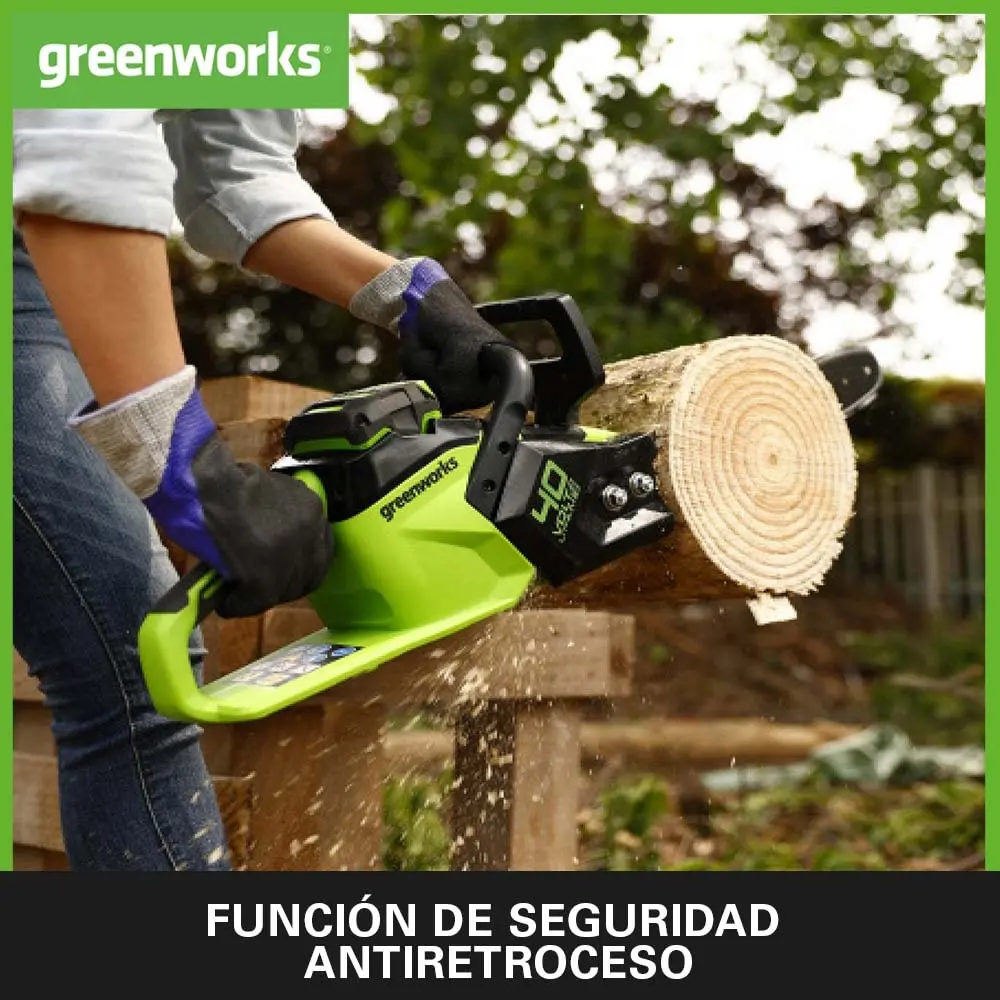 Фото Бензопила с аккумулятором Greenworks GD40CS15, бесщеточный двигатель, длина стержня 14 дюймов (35 см), скорость цепи 12 м/с, 3,5 кг, резервная защита №3