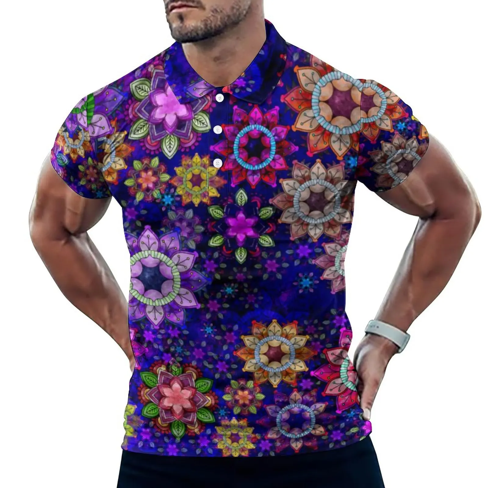 

Рубашка-поло с принтом в стиле хиппи, Повседневная рубашка с акварельными мандалами, модная футболка с коротким рукавом, одежда оверсайз с г...