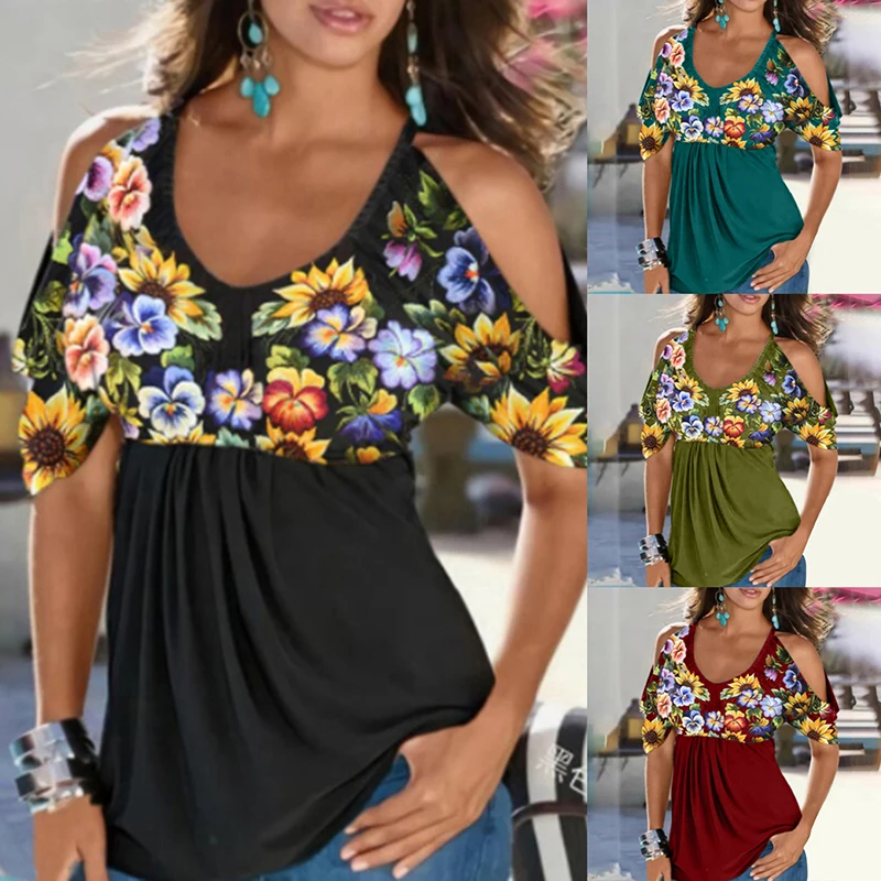 

Womens Tshirts Off Shoulder Short Sleeve T-shirt Casual Loose Tops Tunic Summer Women Clothes Retro Flower Graphic Tee Plus Size