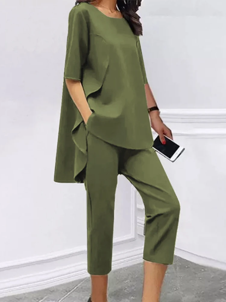 Celmia Pant Sets 2023 Summer Women Capri Sets Fashion 2 Piece Casual Loose Top and Pant Outfits Irregular Hem Blouses Streetwear